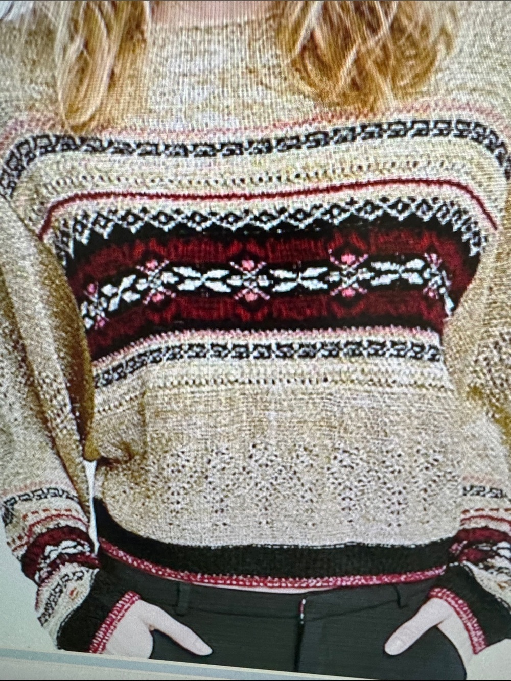Free People Beige Fair Isle Crewneck Sweater with Burgundy Accents